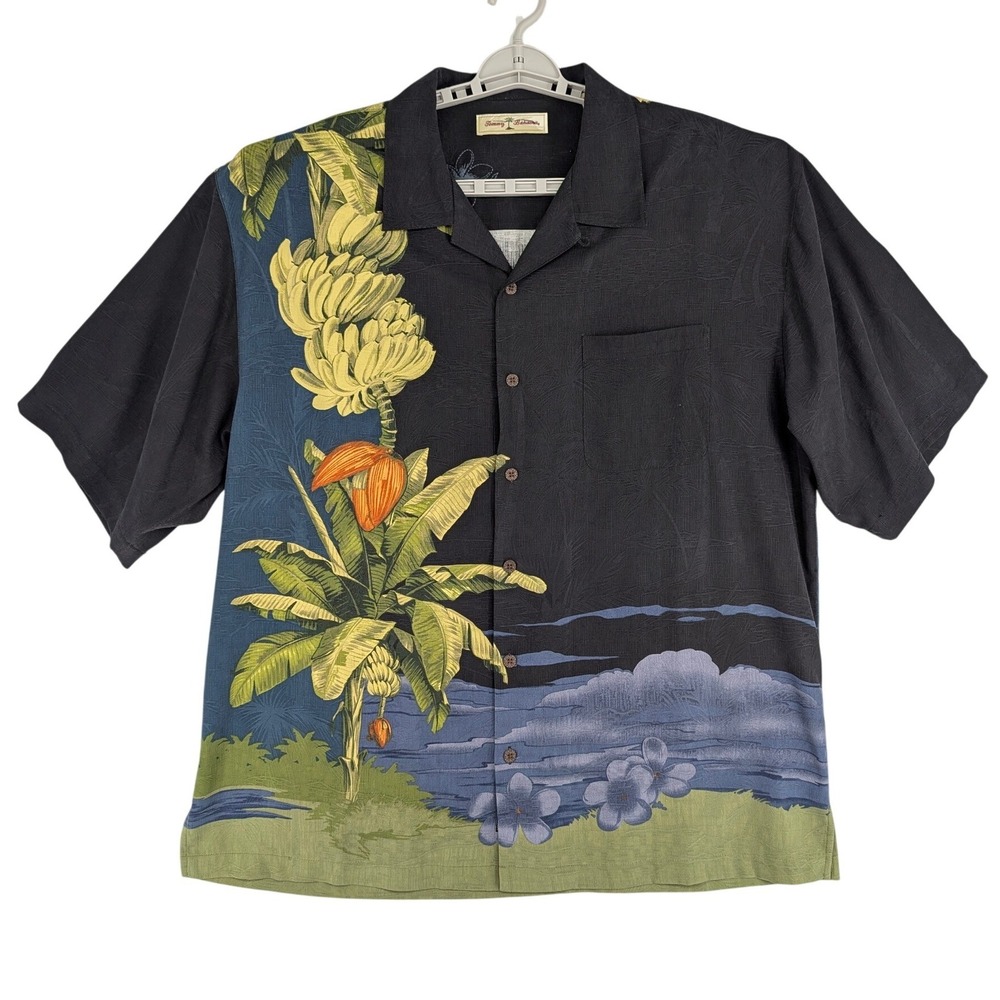 Tommy Bahama Silk Camp Shirt XL Black Banana Tree Tropical Graphic Aloha Button